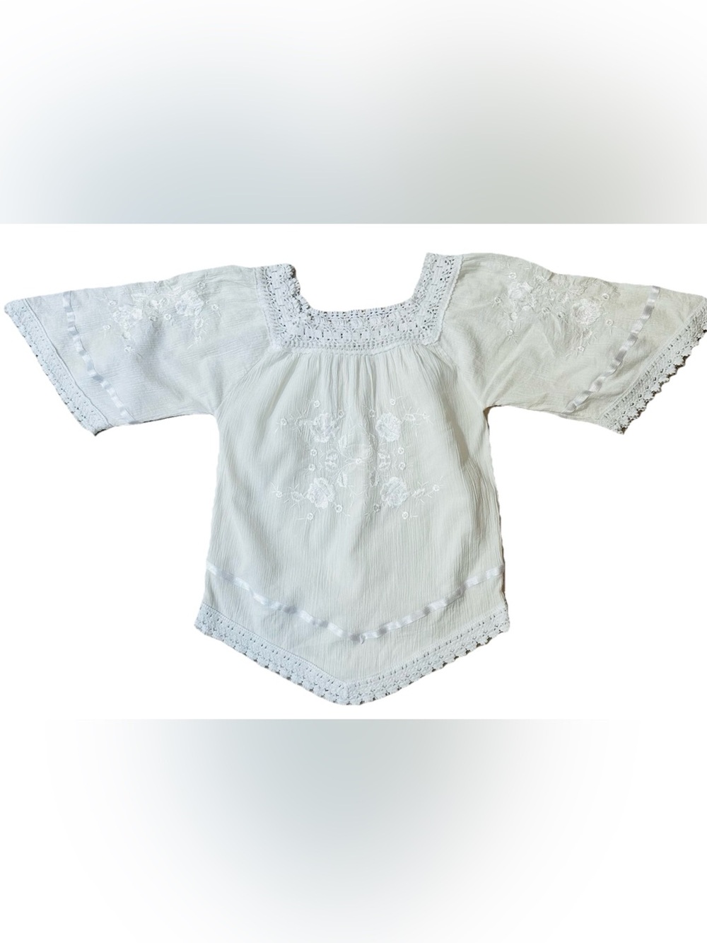 Made In Greece White Eyelet Blouse S Satin Lace Embroidered Flora Boho Peasant